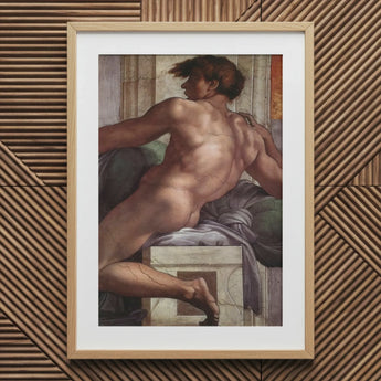 Ignudo - Michelangelo Male Nude Fresco Art Print / Canvas Framed Reproduction Michelangelo’s David Light Wood Frame White, Forbidden