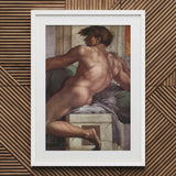 Ignudo - Michelangelo Male Nude Fresco Art Print / Canvas White-framed Michelangelo’s Creation Adam Muscular, Forbidden Thought, Prints