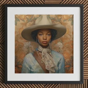 Imani - Black Lesbian Cowgirl Sapphic Art Print / Canvas Beige Wide-brimmed Hat Floral Patterned Scarf Brown Leather, Elegant Outlaw