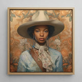 Imani - Black Lesbian Cowgirl Sapphic Art Print / Canvas Framed Portrait Woman Wide-brimmed Beige Hat Light Blue, Elegant Outlaw Reminding,