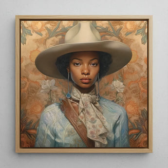 Imani - Black Lesbian Cowgirl Sapphic Art Print / Canvas Framed Portrait Woman Wide-brimmed Beige Hat Light Blue, Elegant Outlaw Reminding,
