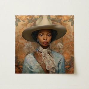 Imani - Black Lesbian Cowgirl Sapphic Art Print / Canvas Beige Wide-brimmed Hat Soft Slightly Textured Surface Worn, Elegant Outlaw