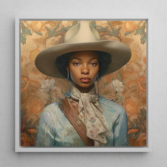 Imani - Black Lesbian Cowgirl Sapphic Art Print / Canvas Framed Portrait Woman Off-white Wide-brimmed Hat Light Blue, Elegant Outlaw