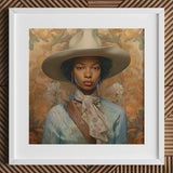 Imani - Black Lesbian Cowgirl Sapphic Art Print / Canvas Beige Wide-brimmed Hat Floral Patterned Scarf Brown Leather, Elegant Outlaw