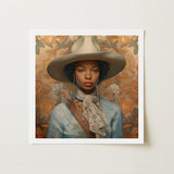 Imani - Black Lesbian Cowgirl Sapphic Art Print / Canvas Framed Portrait Woman Wide-brimmed Beige Hat Light Blue, Elegant Outlaw Reminding,