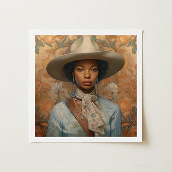 Imani - Black Lesbian Cowgirl Sapphic Art Print / Canvas Framed Portrait Woman Wide-brimmed Beige Hat Light Blue, Elegant Outlaw Reminding,