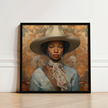 Framed Portrait Woman Wide-brimmed Beige Hat Light Blue Black Lesbian Cowgirl, Elegant Outlaw Reminding, Sapphic Art