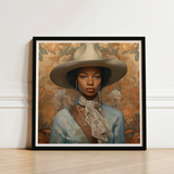 Framed Portrait Woman Wide-brimmed Beige Hat Light Blue Black Lesbian Cowgirl, Elegant Outlaw Reminding, Sapphic Art