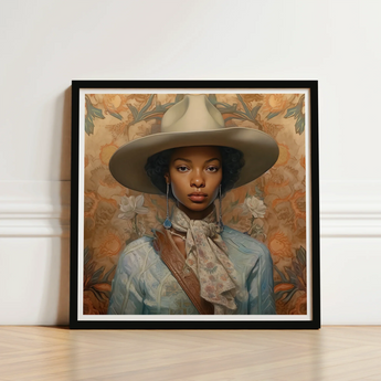 Framed Portrait Woman Wide-brimmed Beige Hat Light Blue Black Lesbian Cowgirl, Elegant Outlaw Reminding, Sapphic Art
