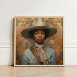 Framed Portrait Woman Wide-brimmed Beige Hat Light Blue Black Lesbian Cowgirl, Elegant Outlaw Reminding, Sapphic Art