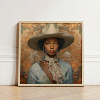 Framed Portrait Woman Wide-brimmed Beige Hat Light Blue Black Lesbian Cowgirl, Elegant Outlaw Reminding, Sapphic Art