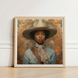 Framed Portrait Woman Wide-brimmed Beige Hat Light Blue Black Lesbian Cowgirl, Elegant Outlaw Reminding, Sapphic Art