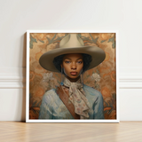 Framed Portrait Woman Wide-brimmed Beige Hat Light Blue Black Lesbian Cowgirl, Elegant Outlaw Reminding, Sapphic Art