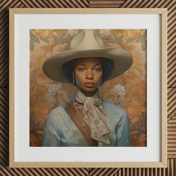 Imani - Black Lesbian Cowgirl Sapphic Art Print / Canvas Beige Wide-brimmed Hat Floral Pattern Brown Leather Strap Black Lesbian Cowgirl,