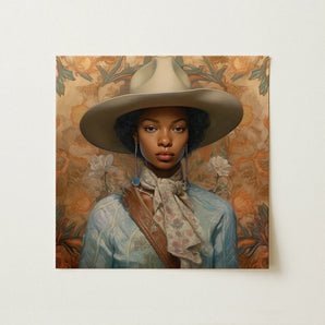 Imani - Black Lesbian Cowgirl Sapphic Art Print / Canvas Beige Wide-brimmed Hat Soft Slightly Textured Surface Worn Black Lesbian Cowgirl,