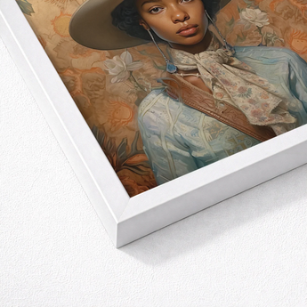 Framed Portrait Woman Soft Pastel Tones Wide-brimmed Hat Black Lesbian Cowgirl, Elegant Outlaw Reminding, Sapphic Art