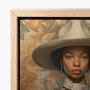 Framed Canvas Print Portrait Woman Off-white Wide-brimmed Hat Black Lesbian Cowgirl, Elegant Outlaw Reminding, Sapphic Art
