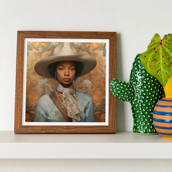 Imani - Black Lesbian Cowgirl Sapphic Art Print / Canvas Framed Artwork Portrait Wide-brimmed Gray Hat Light Blue, Elegant Outlaw