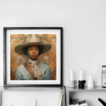Imani - Black Lesbian Cowgirl Sapphic Art Print / Canvas Framed Portrait Painting Figure Wide-brimmed Gray Hat Light, Elegant Outlaw