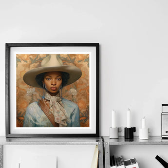 Imani - Black Lesbian Cowgirl Sapphic Art Print / Canvas Framed Portrait Painting Figure Wide-brimmed Gray Hat Light, Elegant Outlaw