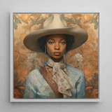 Imani - Black Lesbian Cowgirl Sapphic Art Print / Canvas Framed Portrait Woman Off-white Wide-brimmed Hat Light Blue Black Lesbian Cowgirl,