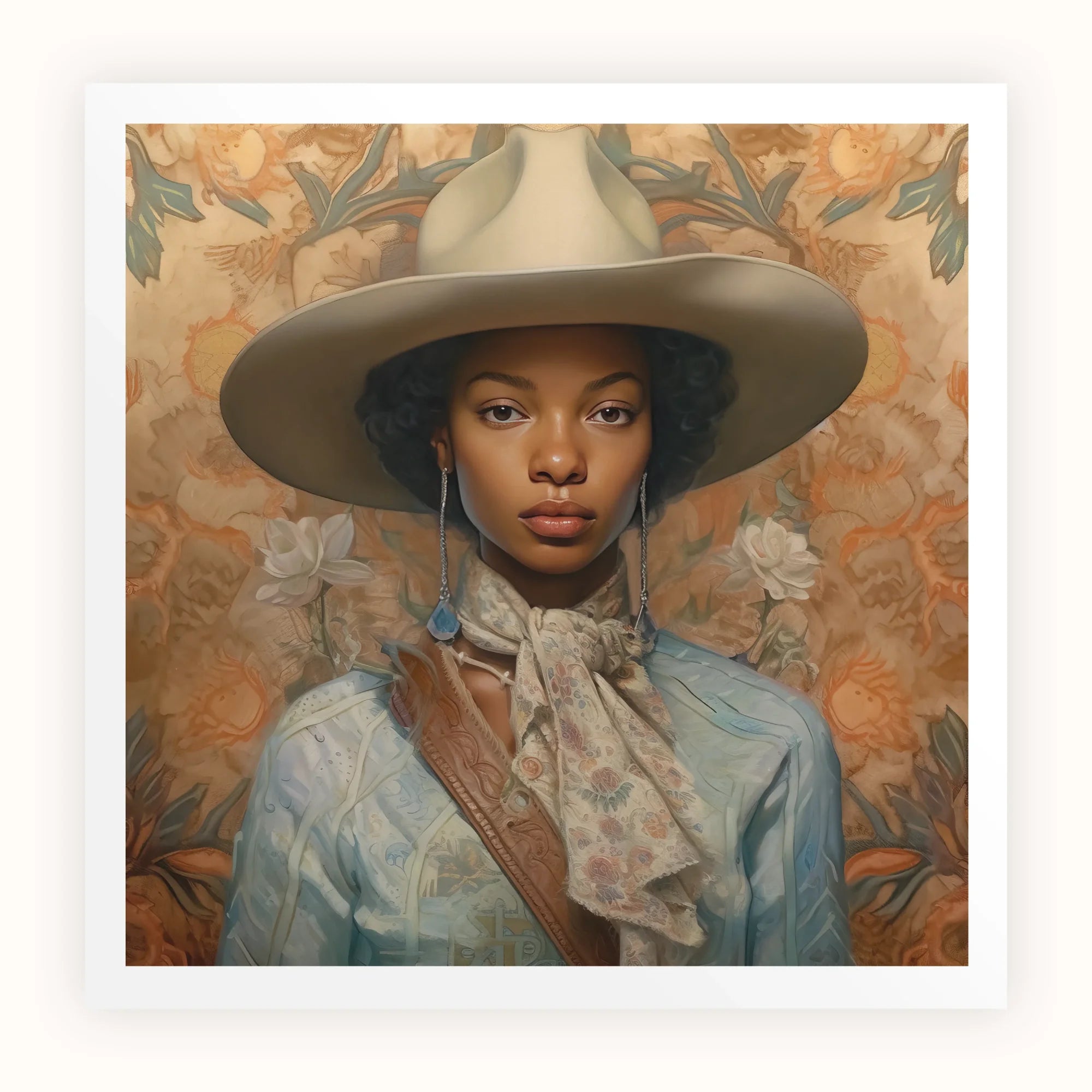Imani - Black Lesbian Cowgirl Sapphic Art Print, Portrait Painting Wide-brimmed Hat Ruffled Ascot Light Blue