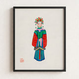 Framed Illustration Traditional Chinese Opera Performer Vibrant Green Qing Dynasty Opulence, Manchu Fashion, Art