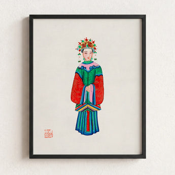 Framed Illustration Traditional Chinese Opera Performer Vibrant Green Qing Dynasty Opulence, Manchu Fashion, Art