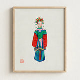 Framed Illustration Traditional Chinese Opera Performer Vibrant Green Qing Dynasty Opulence, Manchu Fashion, Art