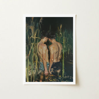 In Deep - Gay Asian Lovers Art Print / Canvas Framed Painting Two Shirtless Men Back-to-back Tall Dark, Small Harbor Prints