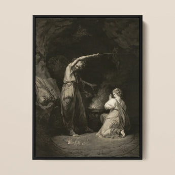An Incantation - John Dixon Art Print / Canvas Black-framed Monochrome Artwork Dramatic Scene Two Figures Classical John Dixon Art, Chalked