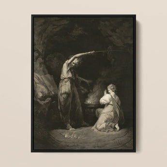 An Incantation - John Dixon Art Print / Canvas Black-framed Monochrome Artwork Dramatic Scene Two Figures Classical, Chalked Circumference