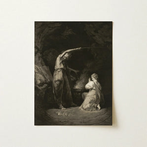 An Incantation - John Dixon Art Print / Canvas Black-and-white Dramatic Scene Robed Figure Sword Woman Dark, Chalked Circumference