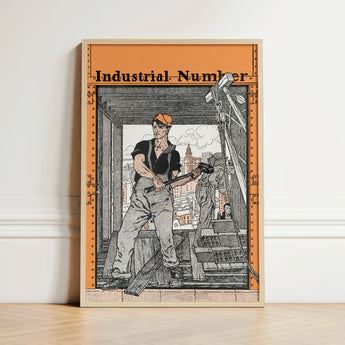 Framed Poster Black-and-white Illustration Industrial Workers Orange Background Number, Edward Penfield’s, Penfield Art, Print, Steel-rivet