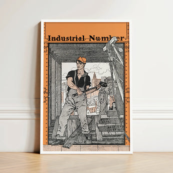 Industrial Number Poster Black-and-white Illustration Construction Worker Orange, Edward Penfield’s, Penfield Art, Print, Steel-rivet Border