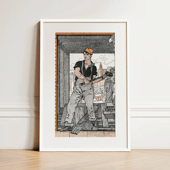 Industrial Number - Edward Penfield Art Print / Canvas Framed Black-and-white Illustration Construction Worker Orange Cap Hammer Industrial