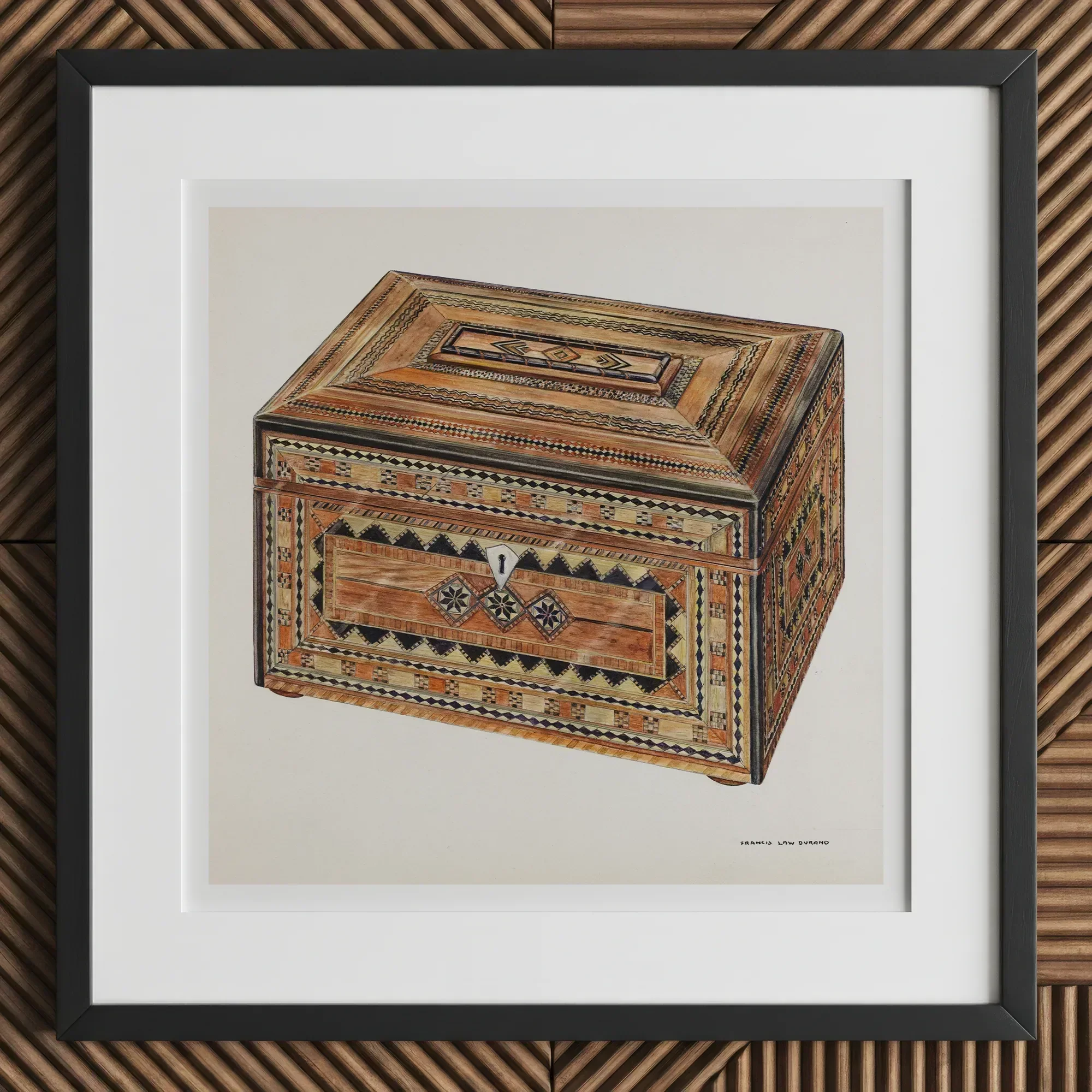 Inlaid Sewing Box - Francis Law Durand Folk Art Print, 12x12’’ / 31x31cm / Black Frame / 2’’ Matboard, Ornate Wooden Box Intricate
