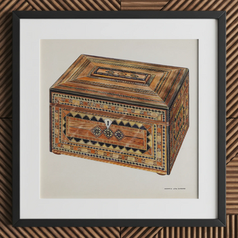 Inlaid Sewing Box - Impresión de arte folk de Francis Law Durand / Lienzo, 12x12’’ / 31x31cm / Marco negro / Paspartú, Pósters, impresiones y arte visual