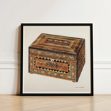 Intricate Wooden Box Detailed Mosaic Inlays Brown Black Francis Law Durand, Exquisite, Masterpiece