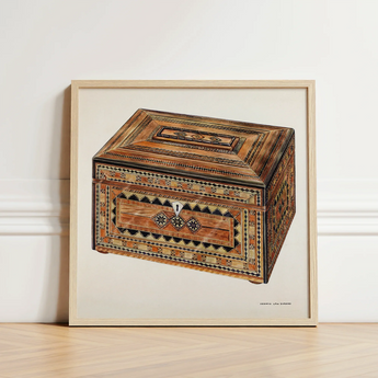 Framed Illustration Intricately Inlaid Wooden Chest Geometric Diamond-patterned Francis Law Durand, Exquisite, Masterpiece