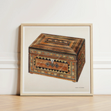 Framed Watercolor Illustration Intricately Inlaid Wooden Box Geometric Francis Law Durand, Exquisite, Masterpiece