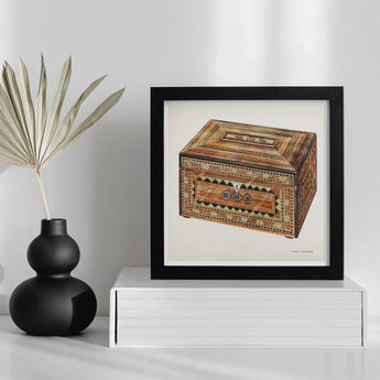 Inlaid Sewing Box - Francis Law Durand Folk Art Print / Canvas Framed Artwork Ornate Wooden Geometric Patterns Decorative, Exquisite,