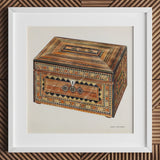 Inlaid Sewing Box - Francis Law Durand Folk Art Print / Canvas Intricately Wooden Geometric Patterns Central Keyhole, Exquisite,