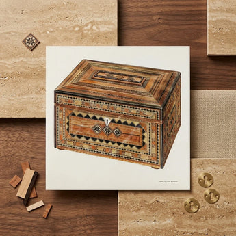 Inlaid Sewing Box - Francis Law Durand Folk Art Print / Canvas Intricately Wooden Warm Earthy Tone Detailed, Exquisite, Masterpiece Prints