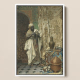 Inspection - Ludwig Deutsch Orientalism Art Print / Canvas Framed Artwork Man Traditional Attire Ornate Vessel Set, Lavish 19th-century