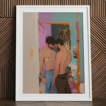 Interlude - Impresión artística de ligue gay sórdido en motel / Lienzo, 24x32’’ / 61x81cm / Marco blanco / Paspartú, Pósters, impresiones y obra visual, Toby