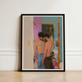 Framed Abstract Painting Two Shirtless Men Hallway Rendered Gay Motel Hookup, Art, Press