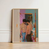 Framed Abstract Painting Two Shirtless Men Doorway Rendered Gay Motel Hookup, Art, Press