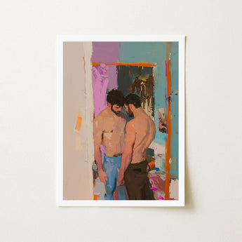 Interlude - Sleazy Gay Motel Hookup Art Print / Canvas Framed Painting Two Shirtless Men Colorful Textured Interior, Press Prints