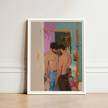 Framed Abstract Painting Two Shirtless Men Hallway Rendered Gay Motel Hookup, Art, Press